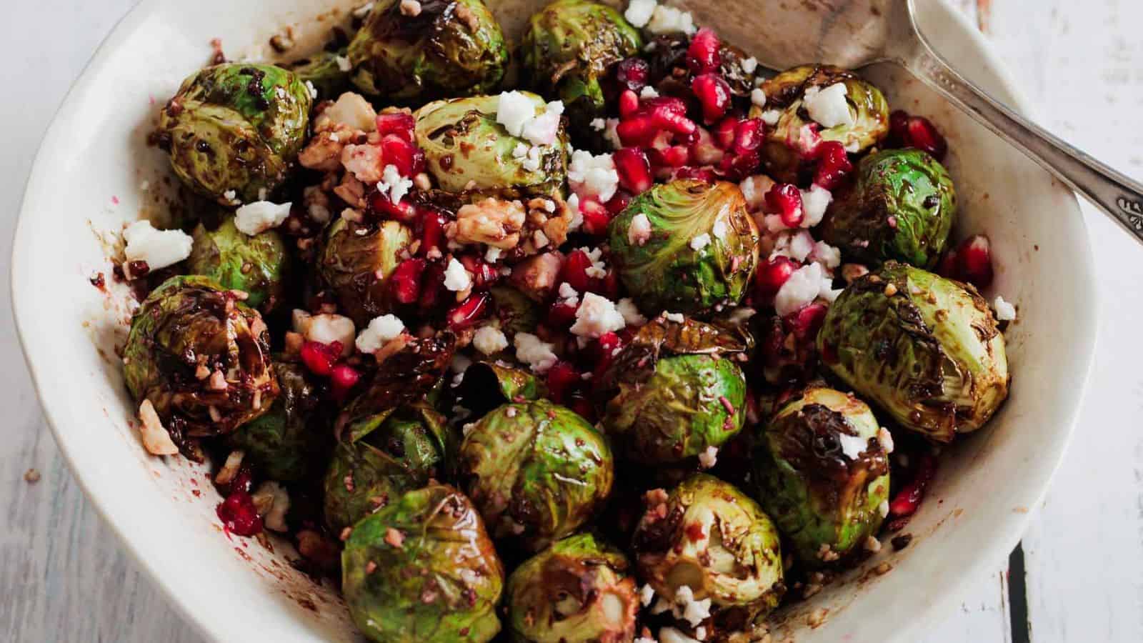 Roasted brussels sprouts with pomegranate and goat cheese.