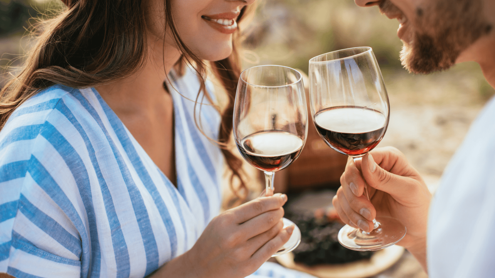 Two people are sitting close together, holding and clinking glasses of red wine. They appear to be outside during the day. One person is wearing a blue and white striped shirt, and a picnic setup with food is visible in the background.