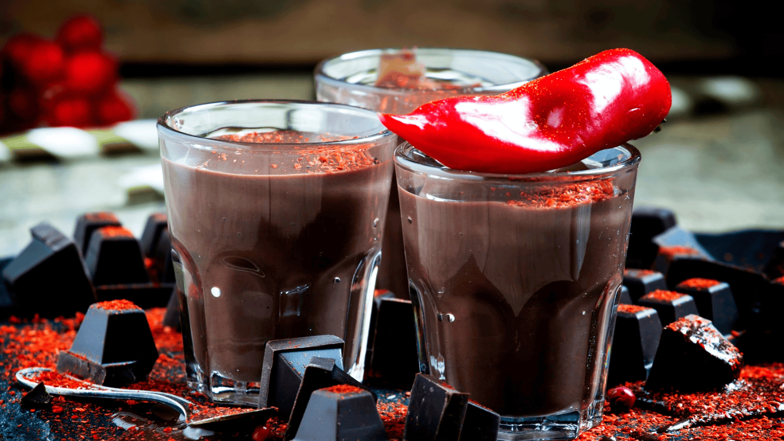 Three glasses of dark chocolate drinks are topped with red chili peppers and surrounded by chunks of dark chocolate and chili powder on a dark surface. A spoon with some chili powder is placed near the glasses.