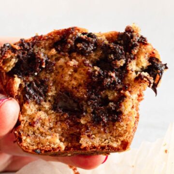 A close-up Auto Draft of a hand holding a half-eaten chocolate chip muffin with visible gooey chocolate chunks. The person's fingernail is painted bright pink.