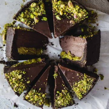 Slices of chocolate pistachio cake.