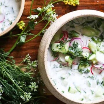 Two bowls of cold yogurt soup.