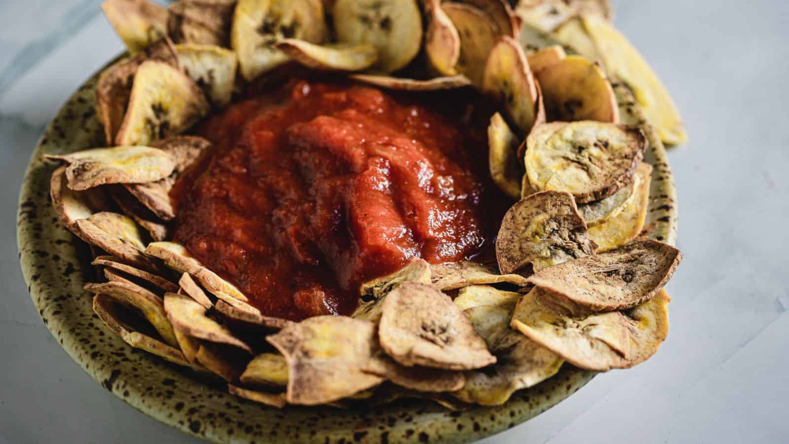 Side view of chips with salsa.