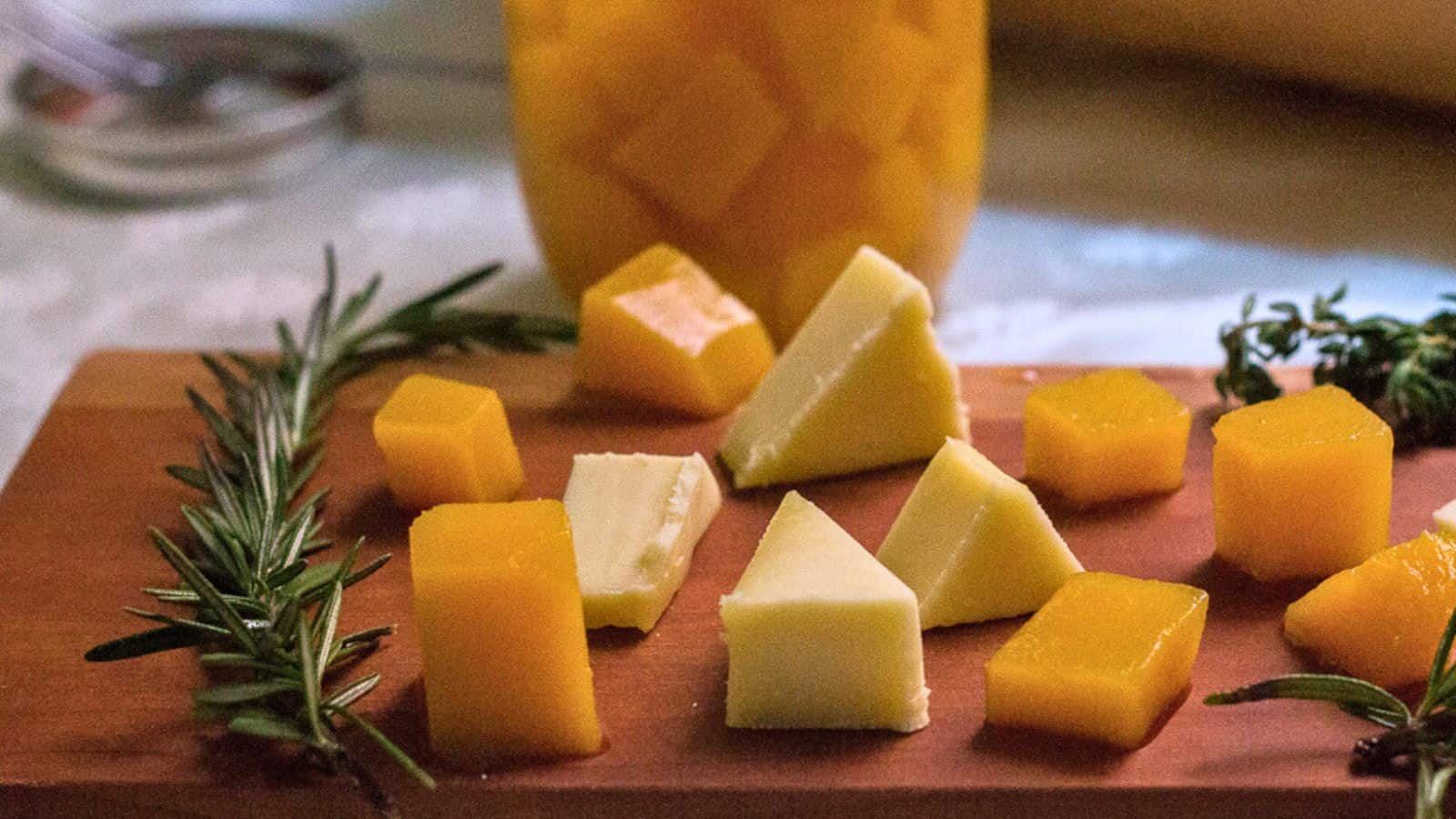 A wooden cutting board with cheese, herbs and a pumpkin.