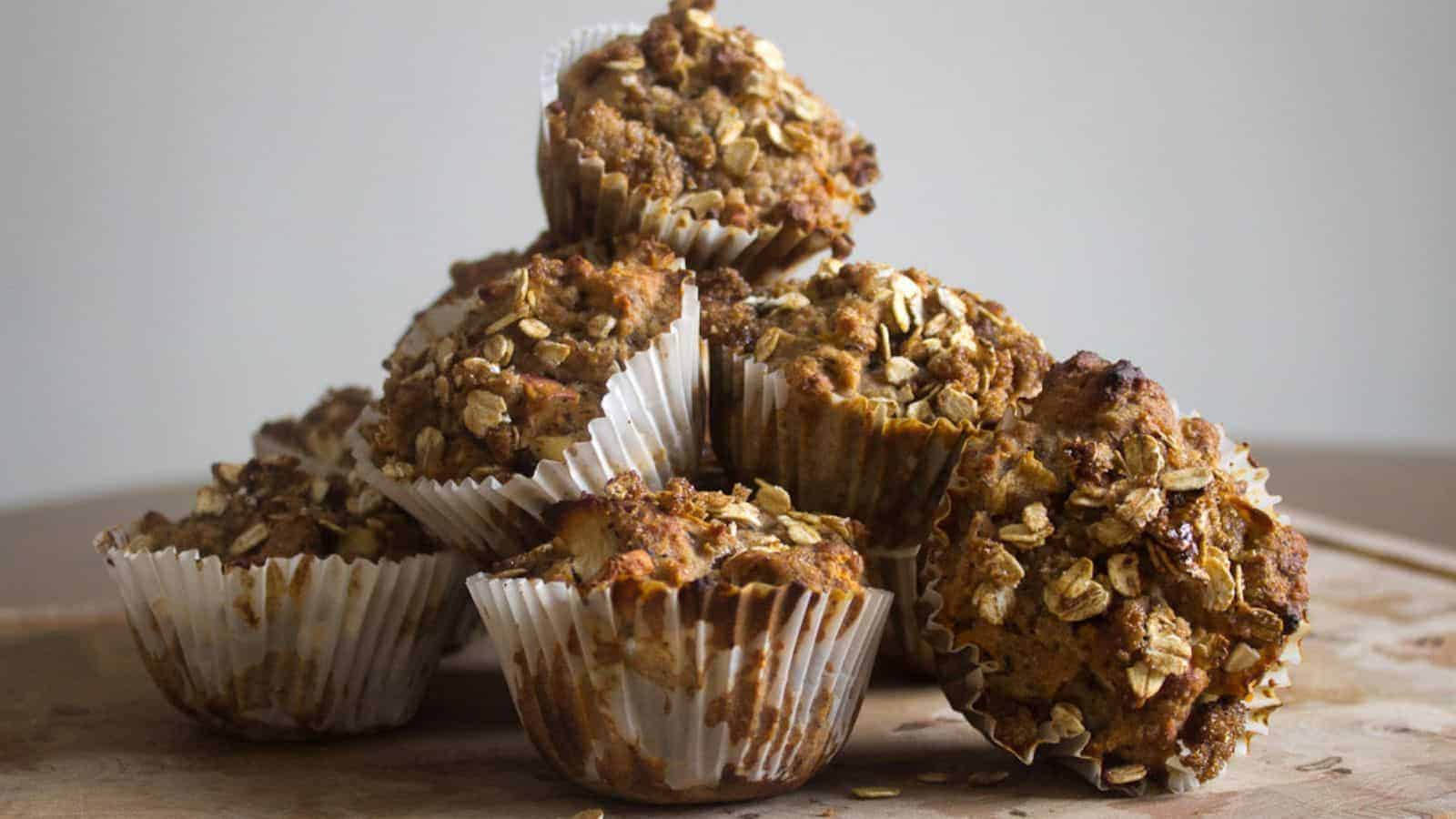 Several muffins in a pile.