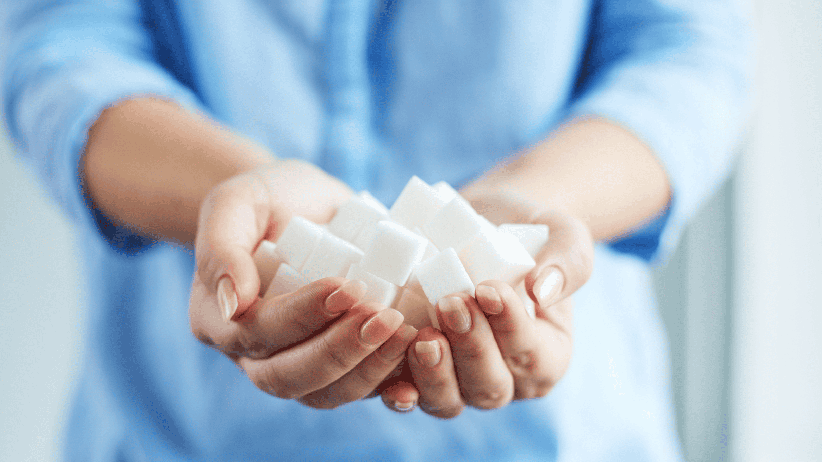 A person wearing a light blue shirt holds several white sugar cubes in their cupped hands. The image is focused on the hands and the sugar cubes, with no other visible objects or background details.