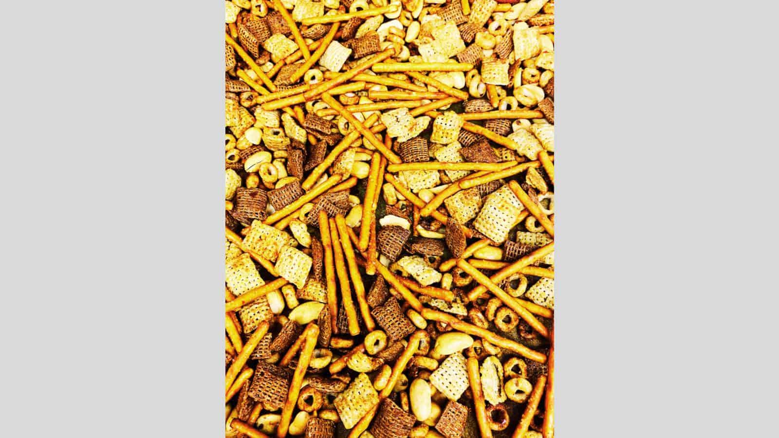 Snack mix close up.