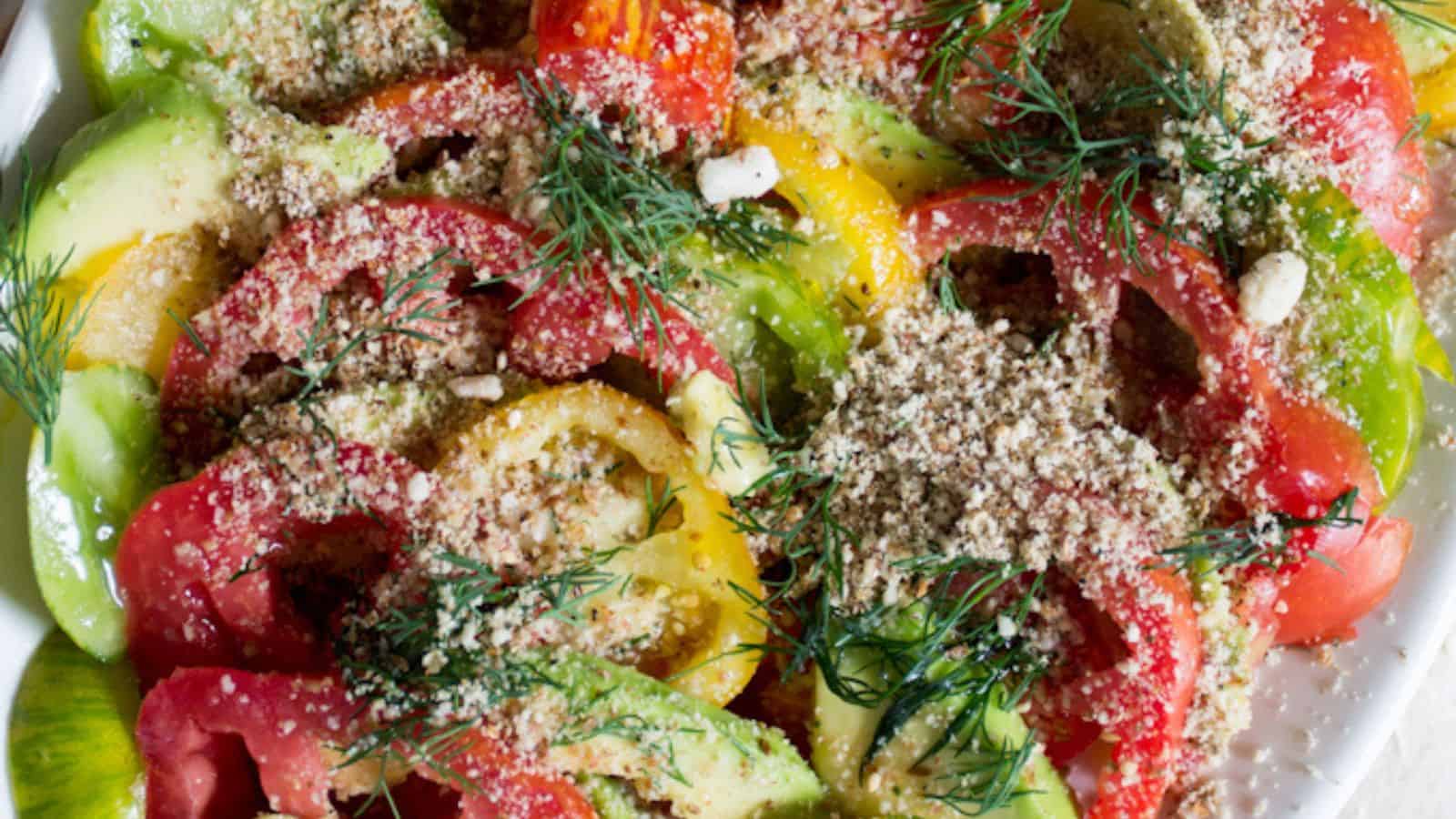 Close up on tomato avocado salad.