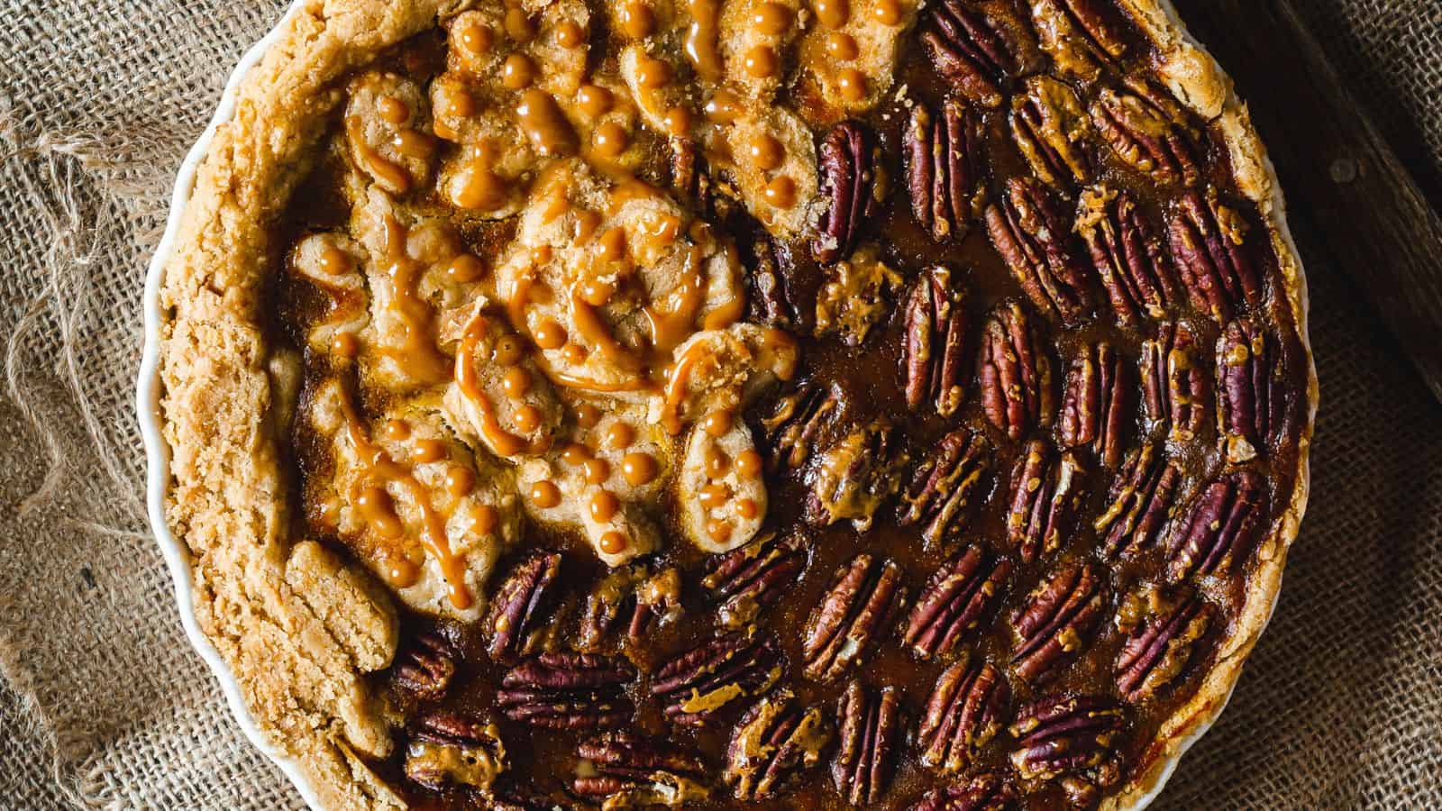 Overhead view of pumpin pecan pie.