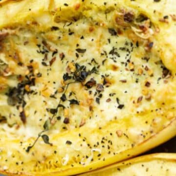 close up on Cheesy Garlic Spaghetti Squash.
