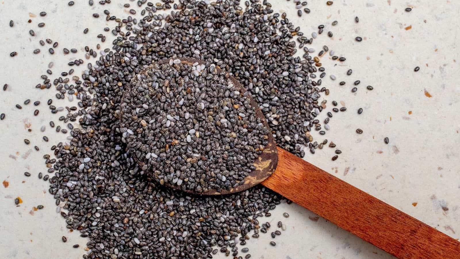 A wooden spoon of chia seeds 