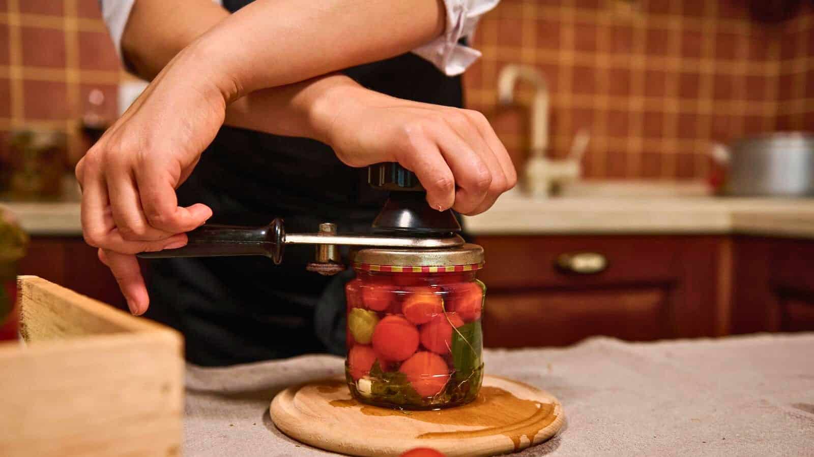 Two hands are sealing a jar filled with tomatoes and other pickled vegetables. The background features a countertop, sink, and kitchen tiles.