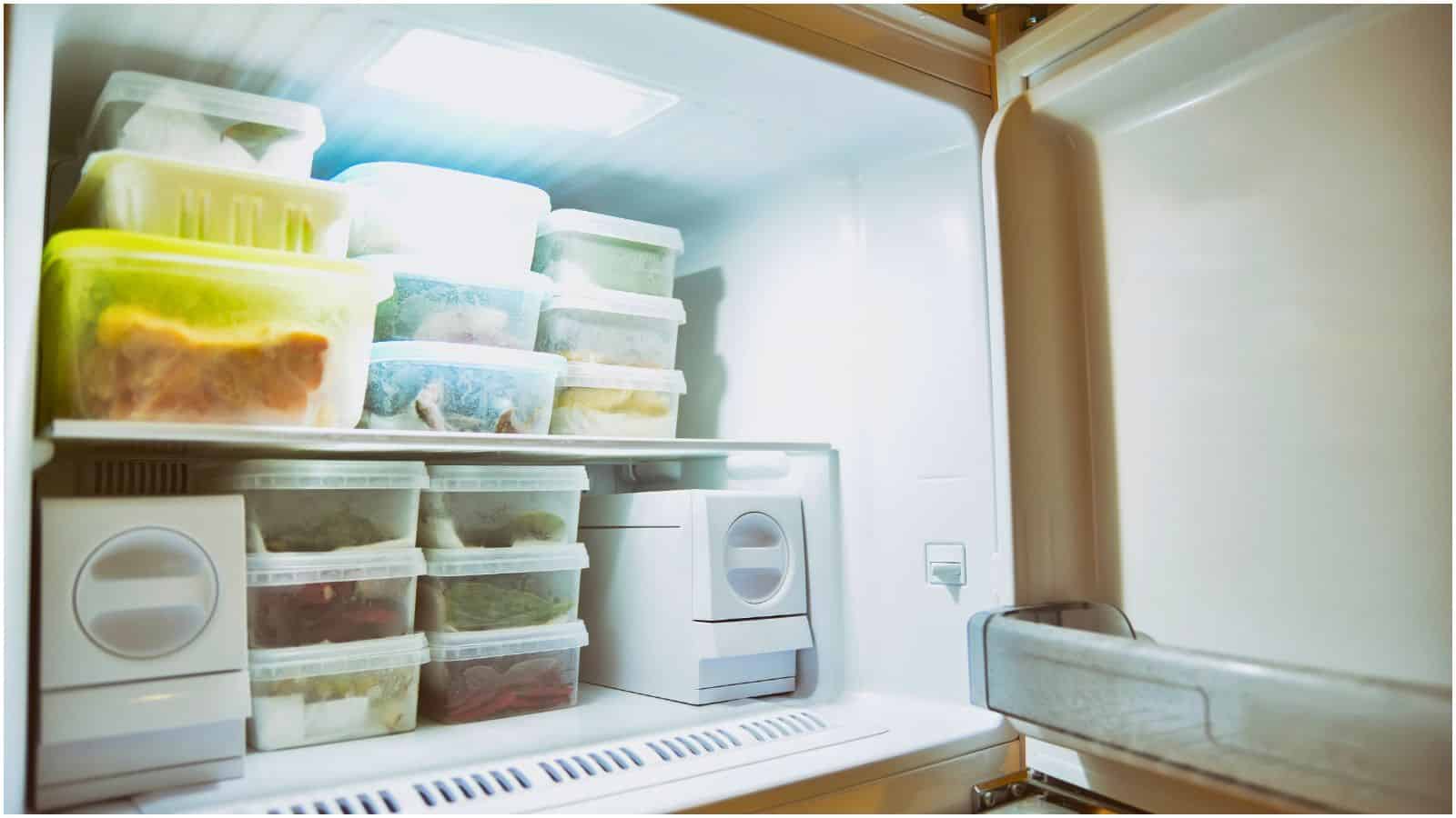 Open refrigerator filled with various plastic containers and bags, organized on shelves. The fridge door, with storage compartments, is partially visible.