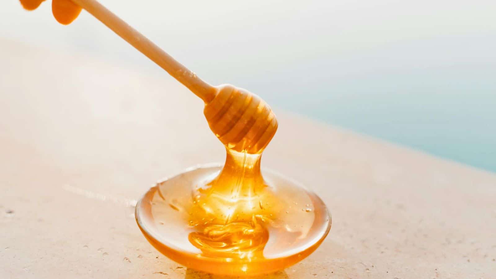 A wooden honey dipper with honey is placed over a small pool of honey on a light-colored surface. The glossy, smooth texture of the dripping honey looks real. The background is softly out of focus.