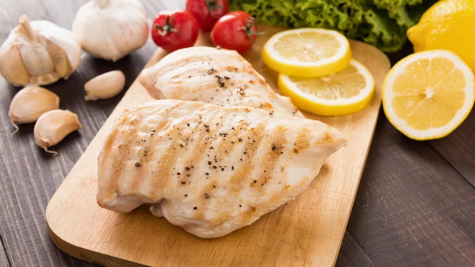 Grilled chicken breast placed on top of cutting board with garlic, tomatoes, and sliced lemon in the background.
