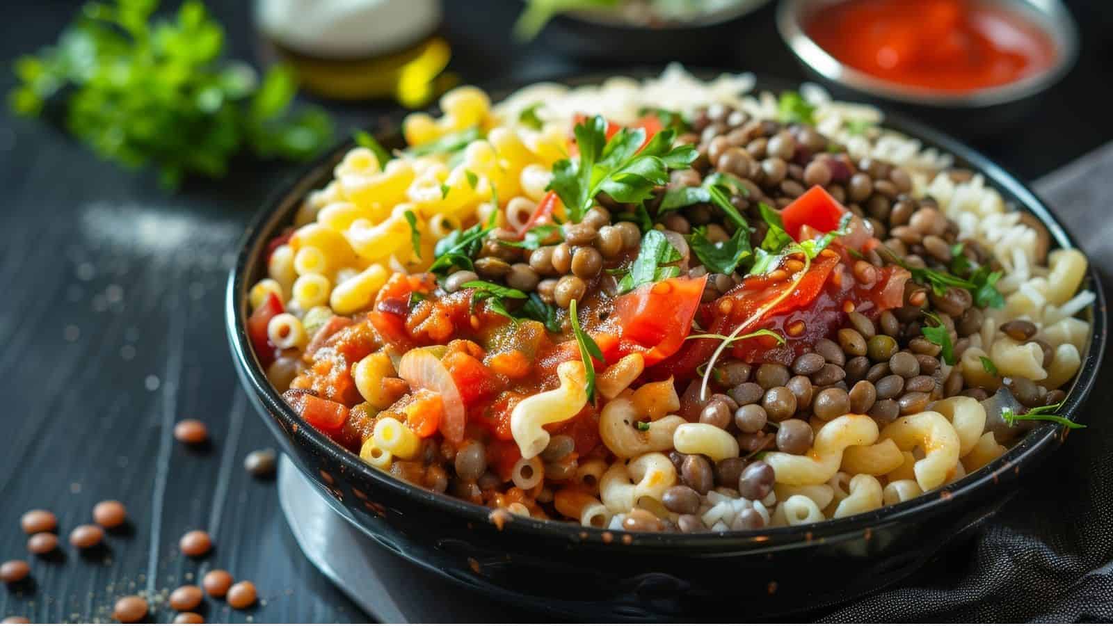 A close-up of a bowl filled with macaroni pasta, lentils, and a tomato-based sauce, garnished with chopped parsley and diced tomatoes. Various ingredients can be seen in the background, including a bunch of fresh herbs and a bowl of red sauce.