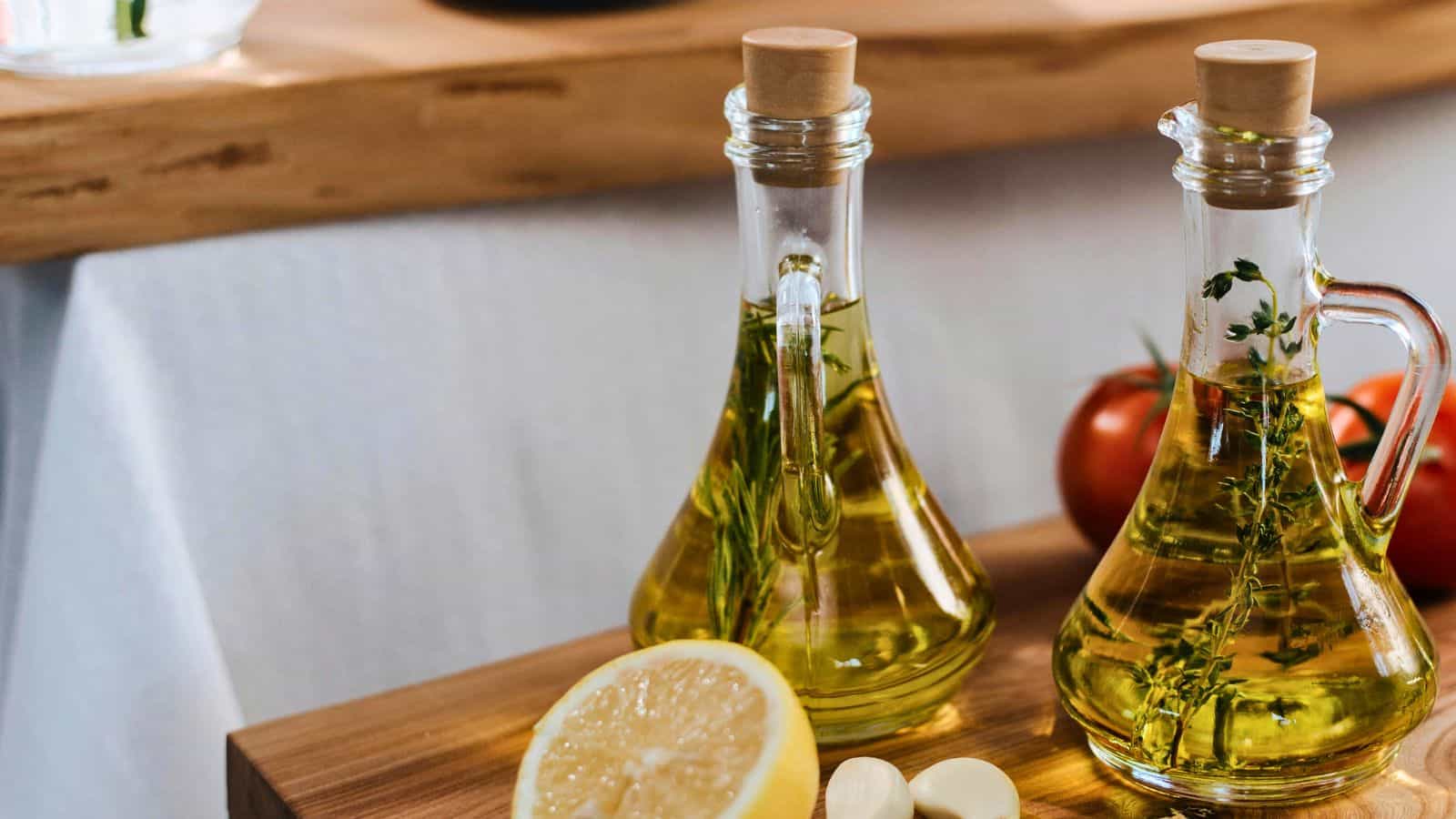 Two glass bottles filled with olive oil and herbs sit on a wooden surface. In the foreground, there are a halved lemon and several garlic cloves. To the right, two ripe tomatoes are resting on the table. A wooden shelf is visible in the background.