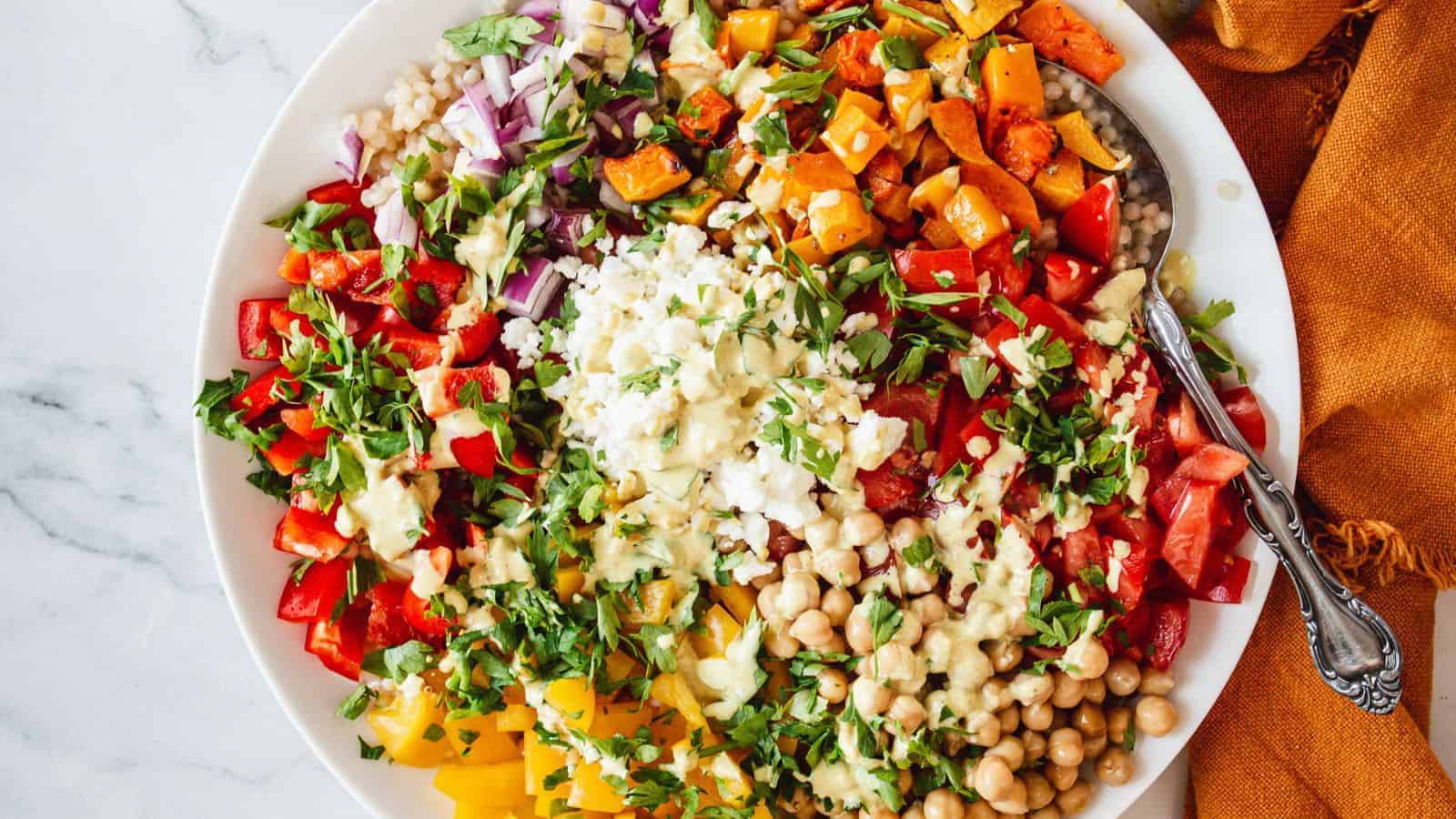 Overhead of Moroccan pearl couscous salad.