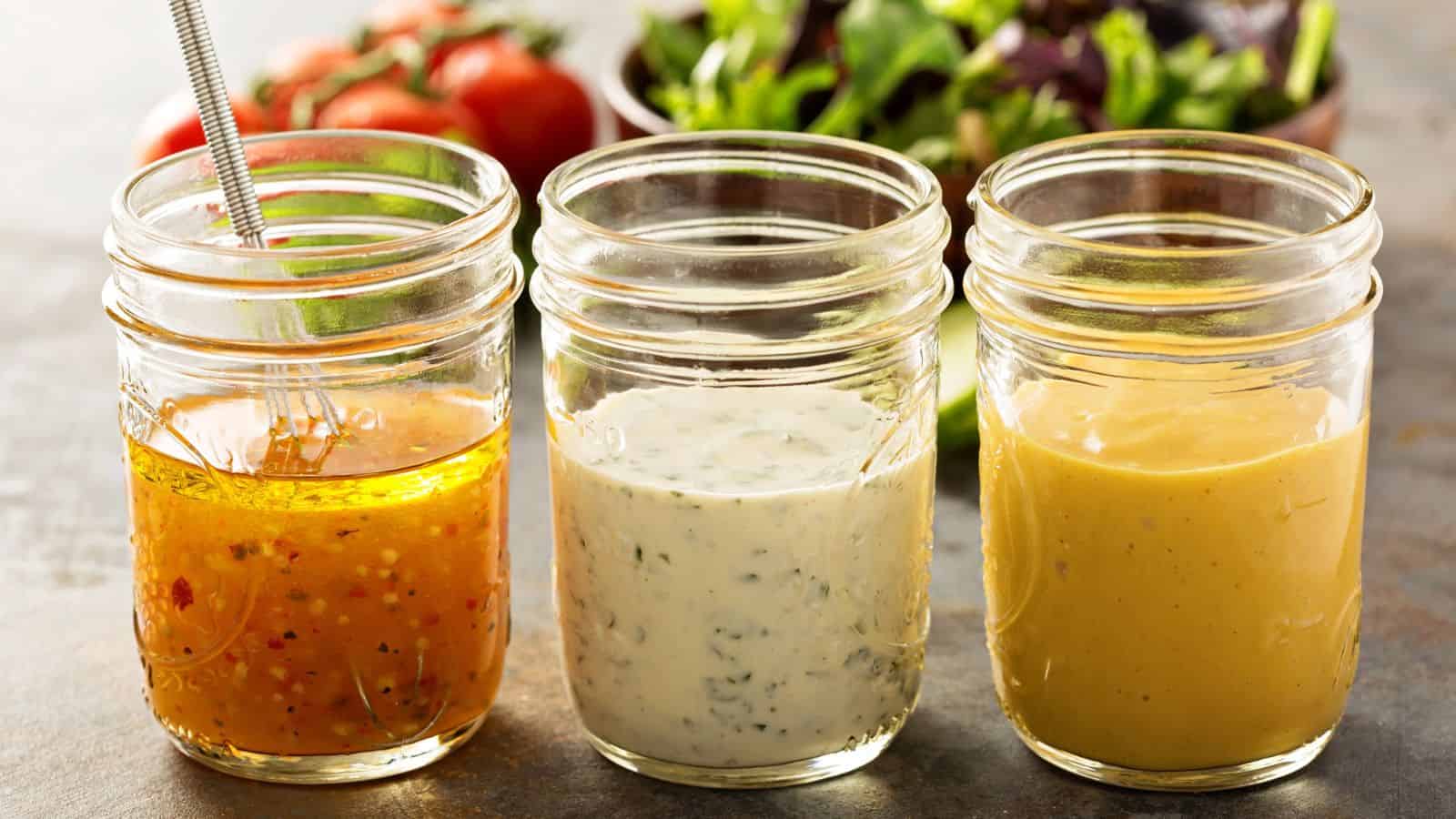 Three different salad dressings in jars with tomatoes and a bowl leafy greens in the background