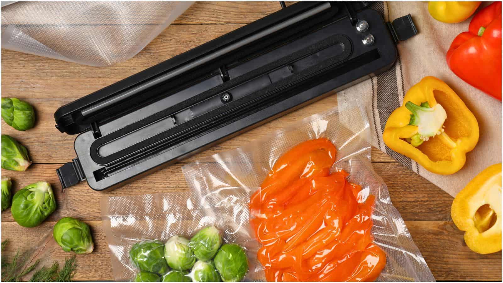 A vacuum sealer is positioned on a wooden surface surrounded by various vegetables, including brussels sprouts, bell peppers, and dill. Two vacuum-sealed bags containing brussels sprouts and sliced orange bell peppers are in the foreground.