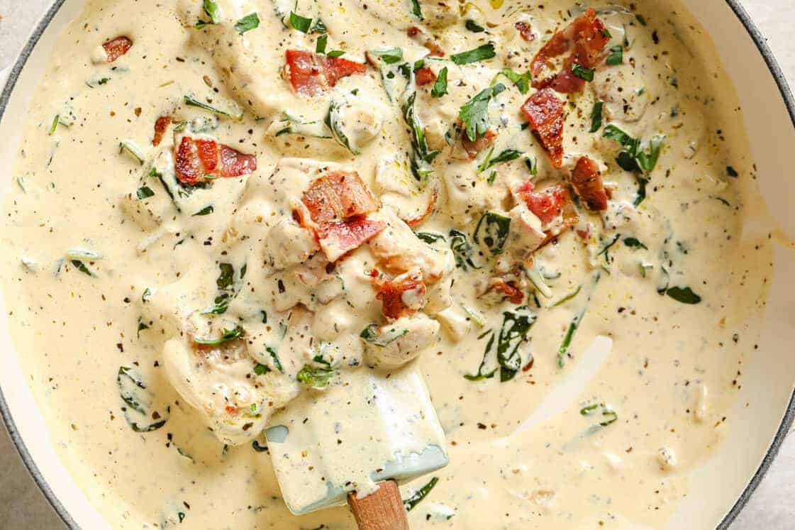 Close up photo of a creamy chicken.