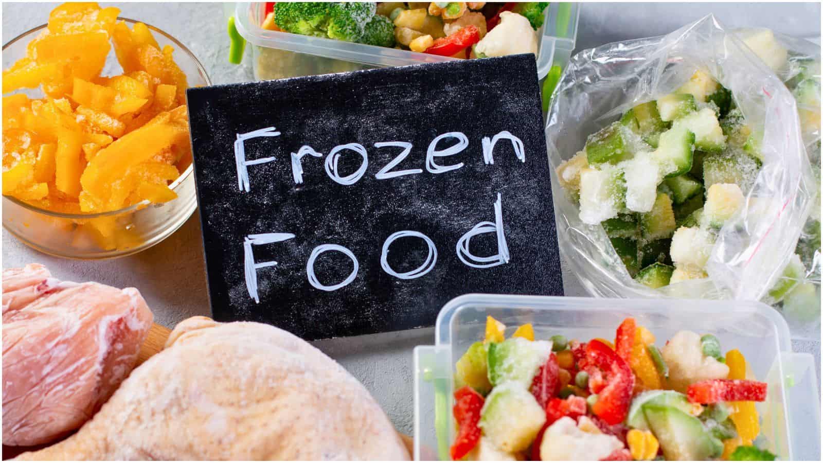 A sign that says "Frozen Food" with different kinds of frozen food surrounding it