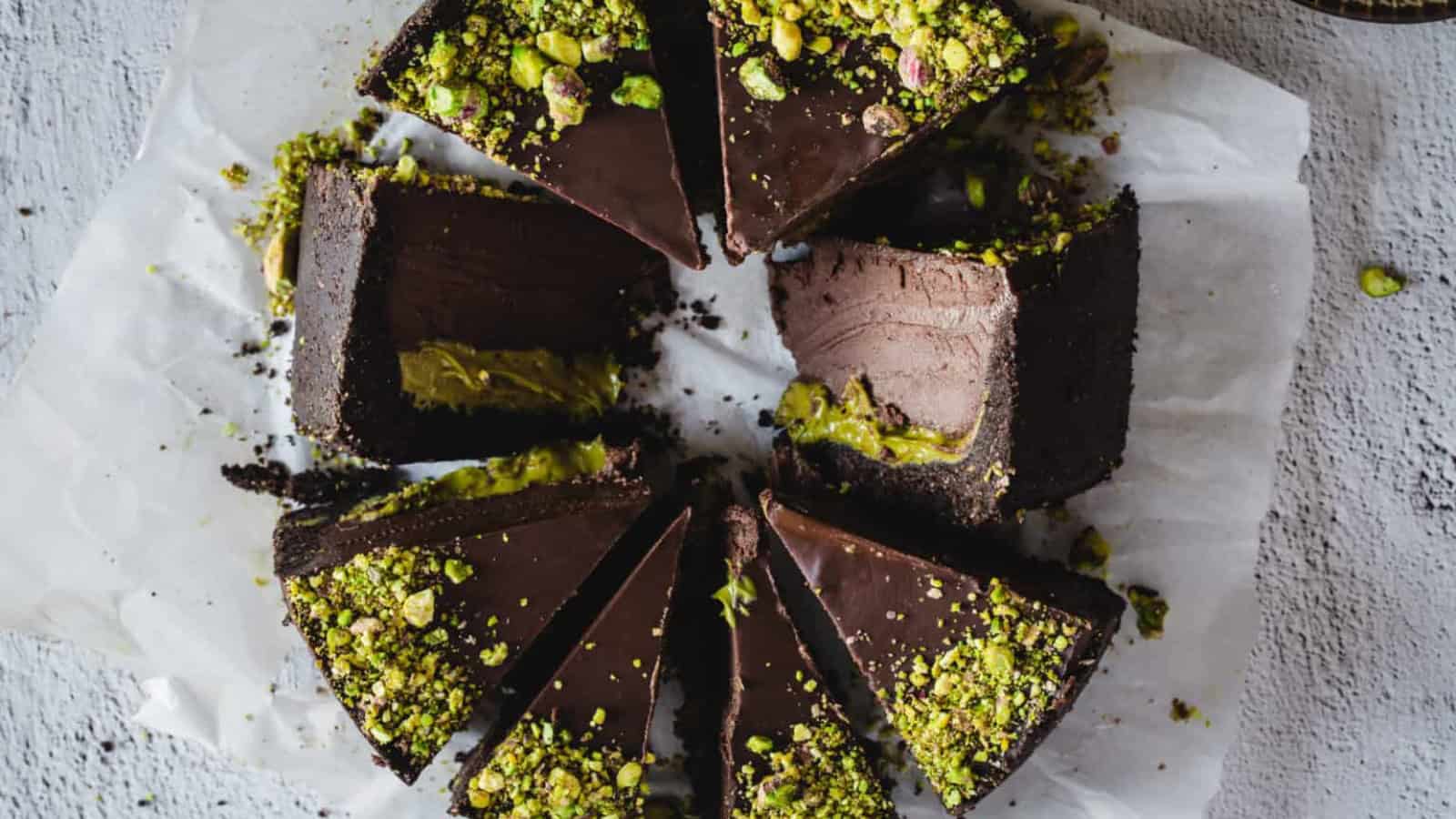 Slices of chocolate pistachio cake.