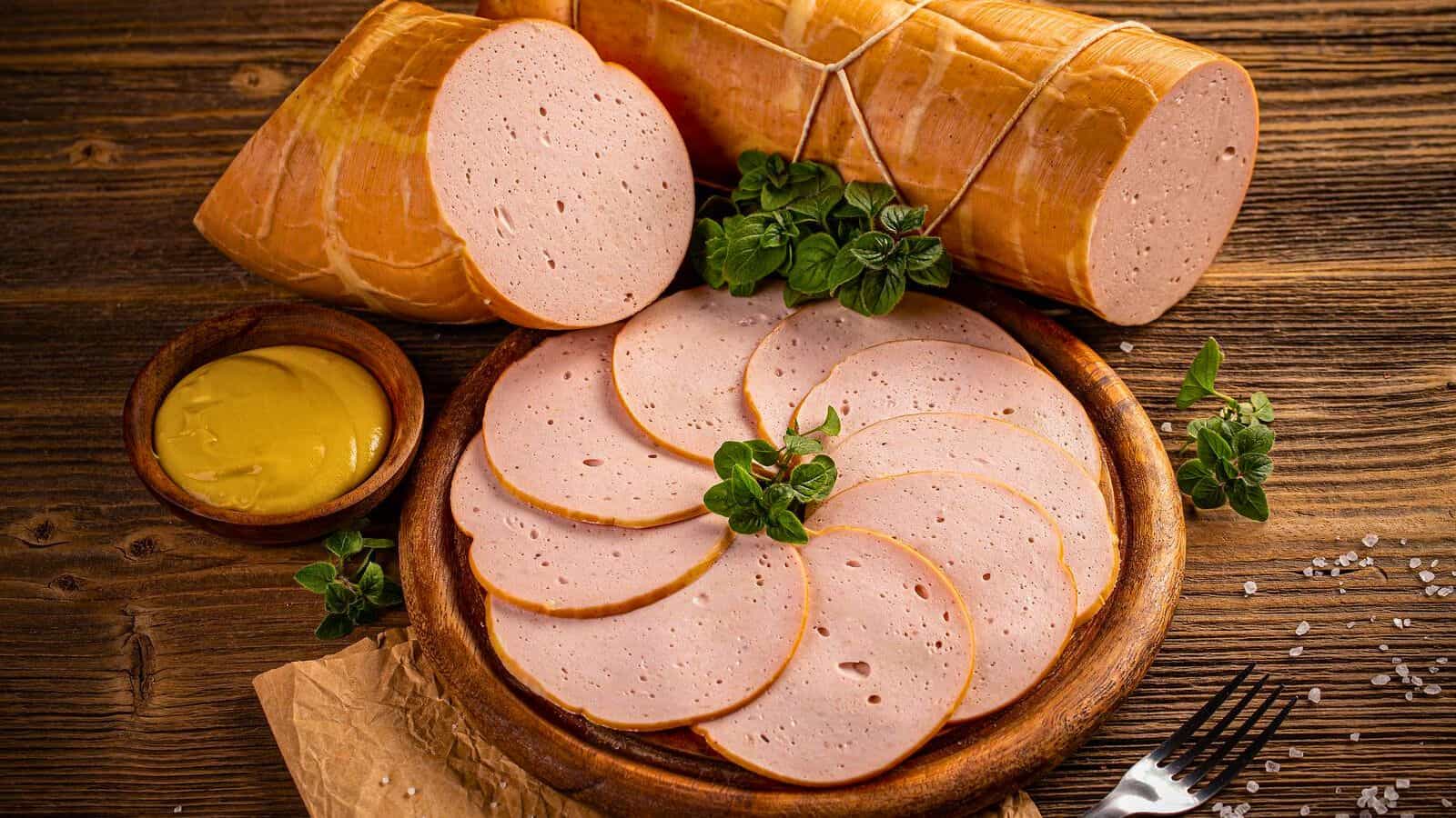 Cuts of processed meat placed on a wooden plate