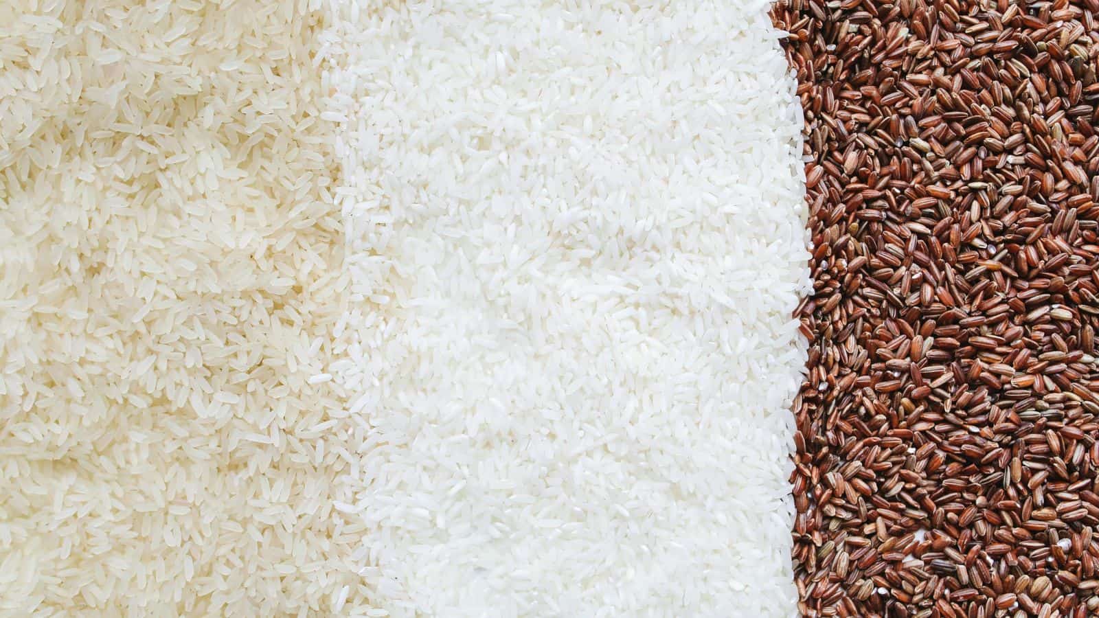 Three types of rice, essential for any gluten-free pantry, are displayed side by side: brown rice on the left, white rice in the middle, and red rice on the right. They form distinct vertical sections, showcasing their different colors and textures.