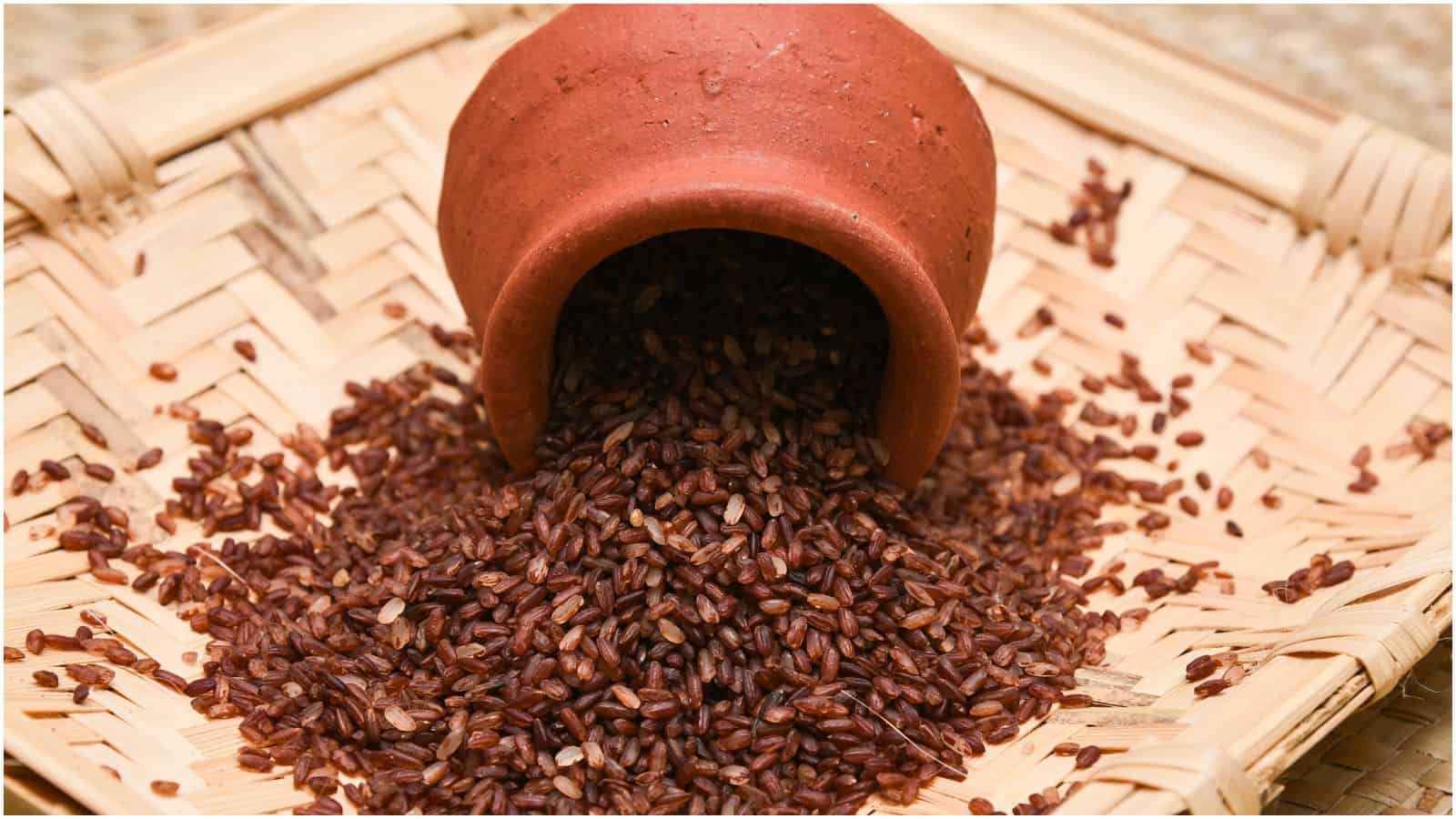 A small, clay pot is tipped over on a woven bamboo tray, spilling out a pile of uncooked rosematta rice. The rosematta rice grains are scattered across the tray, creating a spread of reddish-brown hues. The setting suggests a rustic or traditional display.