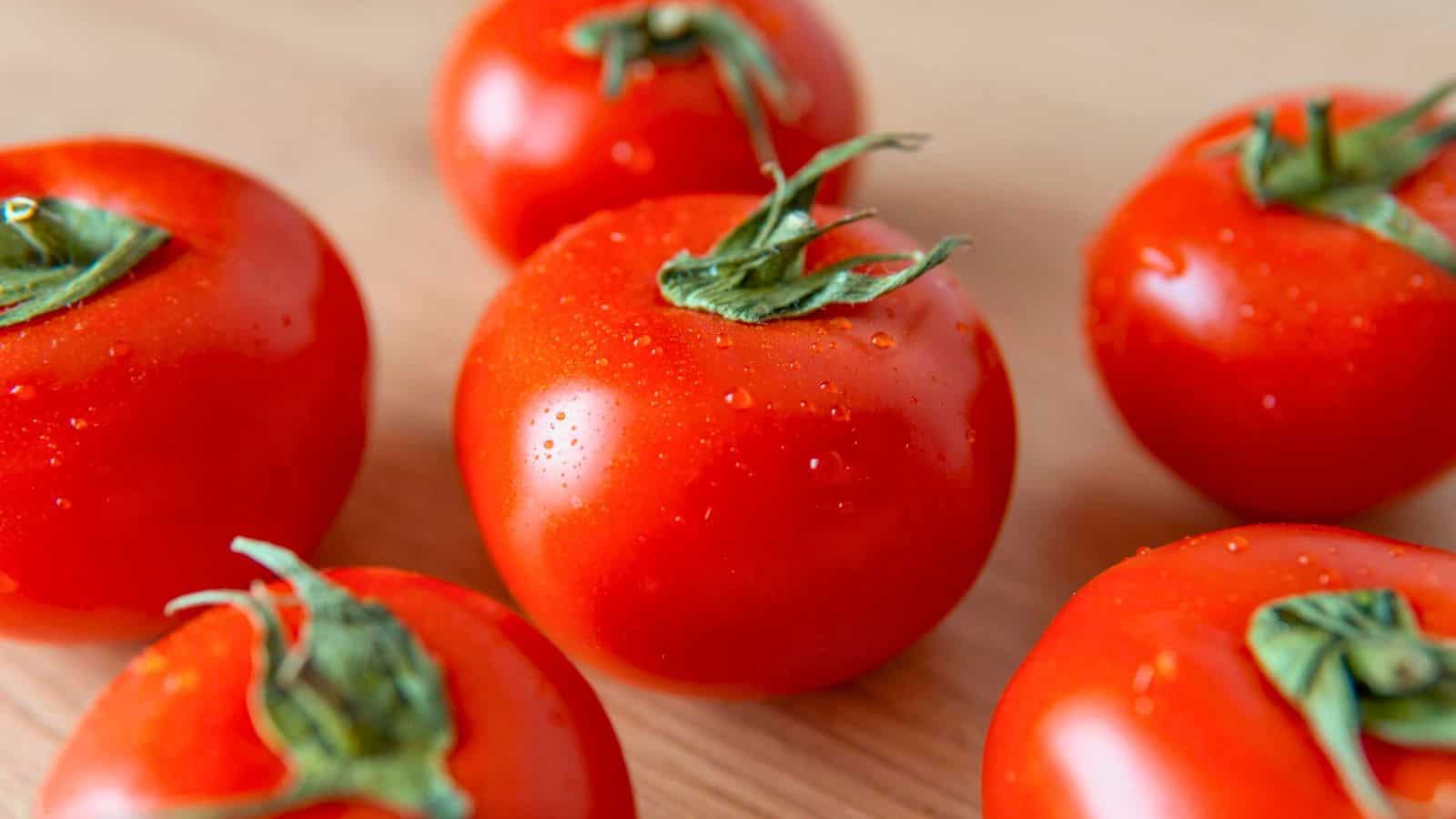 Close up photo of six tomatoes