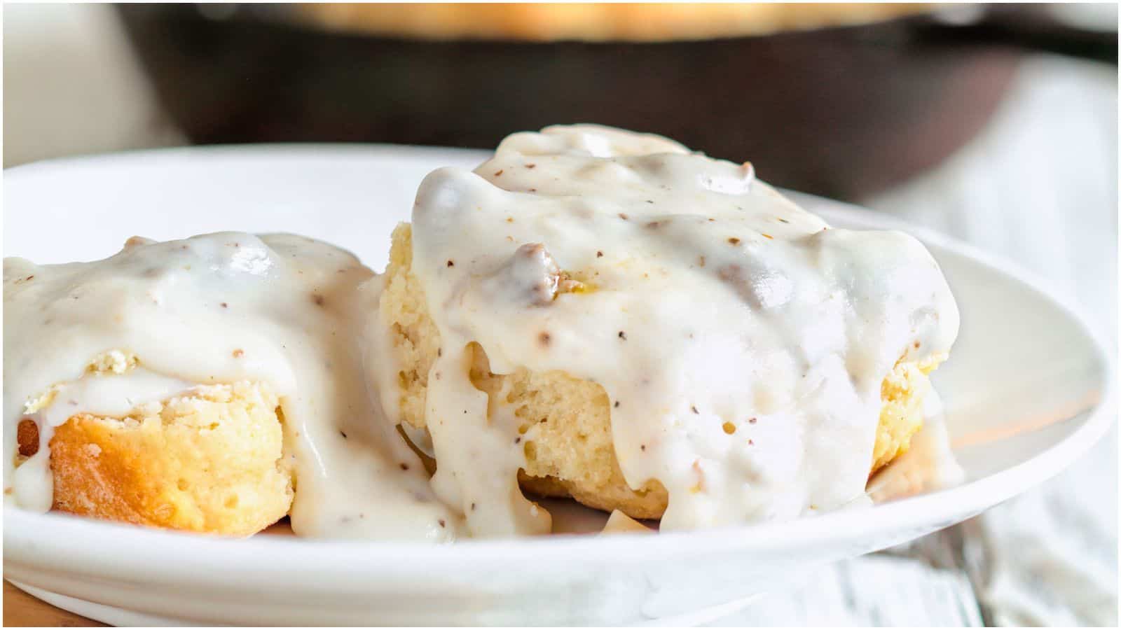 Close-up photo of biscuits and gravy