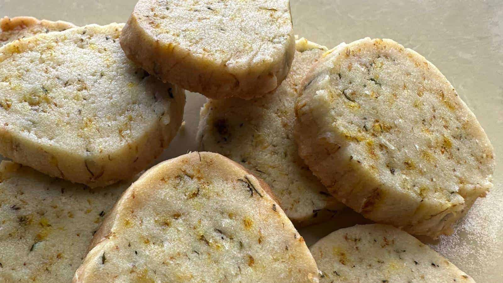 Closeup image of a stacked dandelion shortbread cookies.