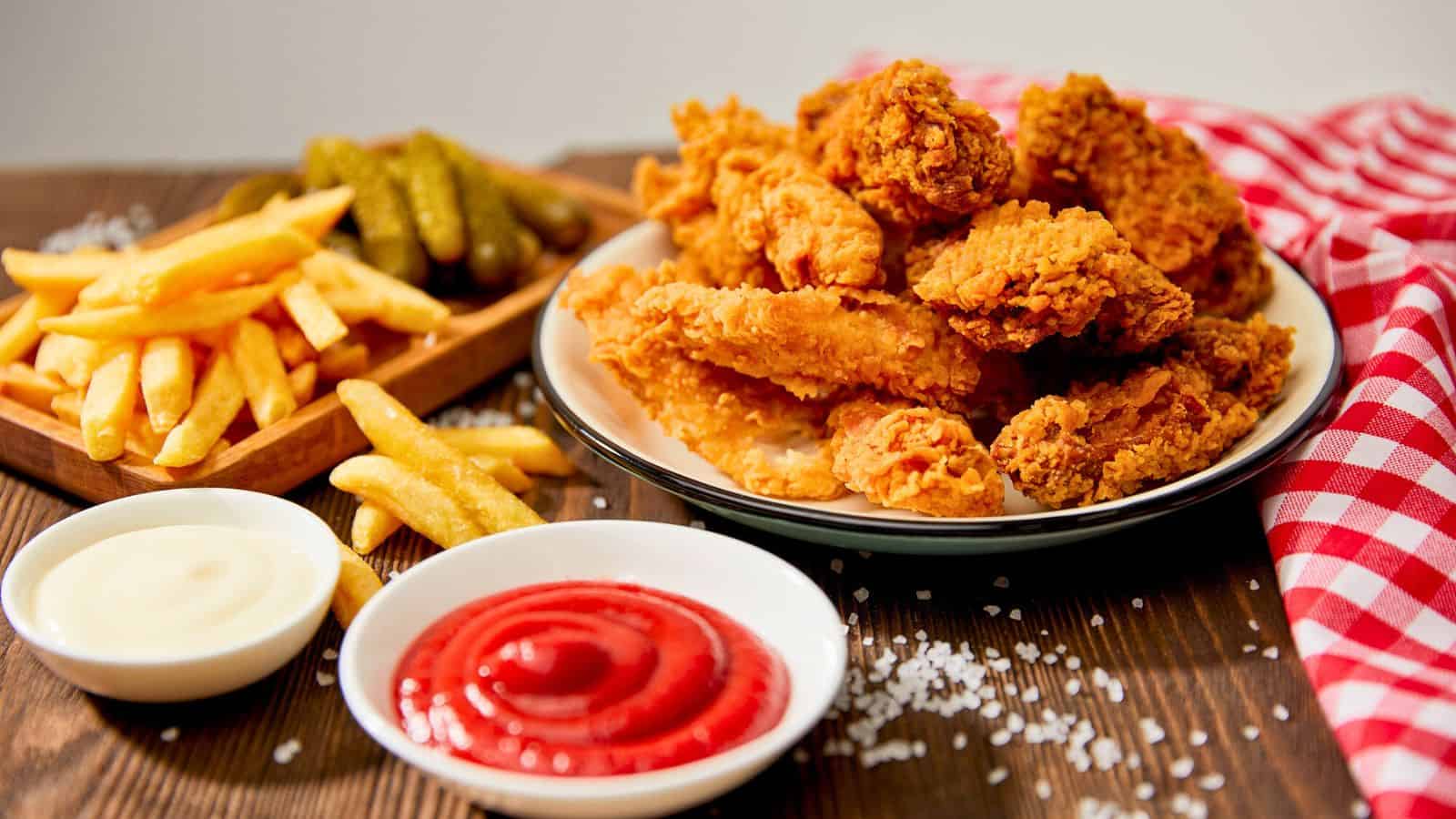 A plate of fried chicken is on a wooden table beside a small tray of French fries, a small pile of pickles, and two bowls of dipping sauces, one white and one red. A red and white checkered cloth is partly visible in the background.