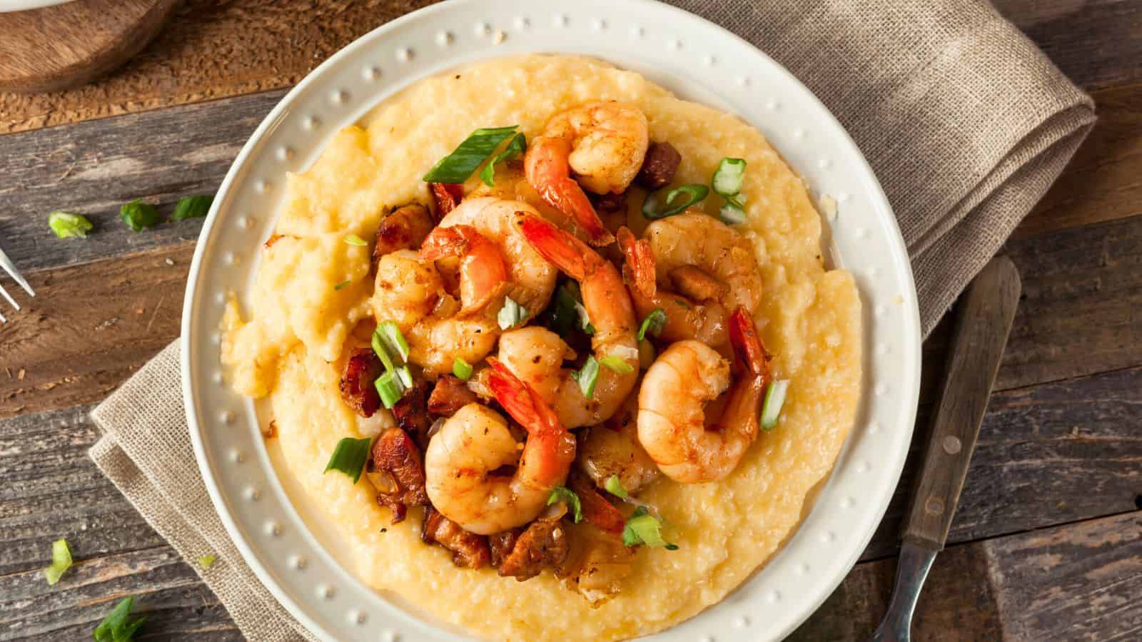 Shrimp grits on a white plate