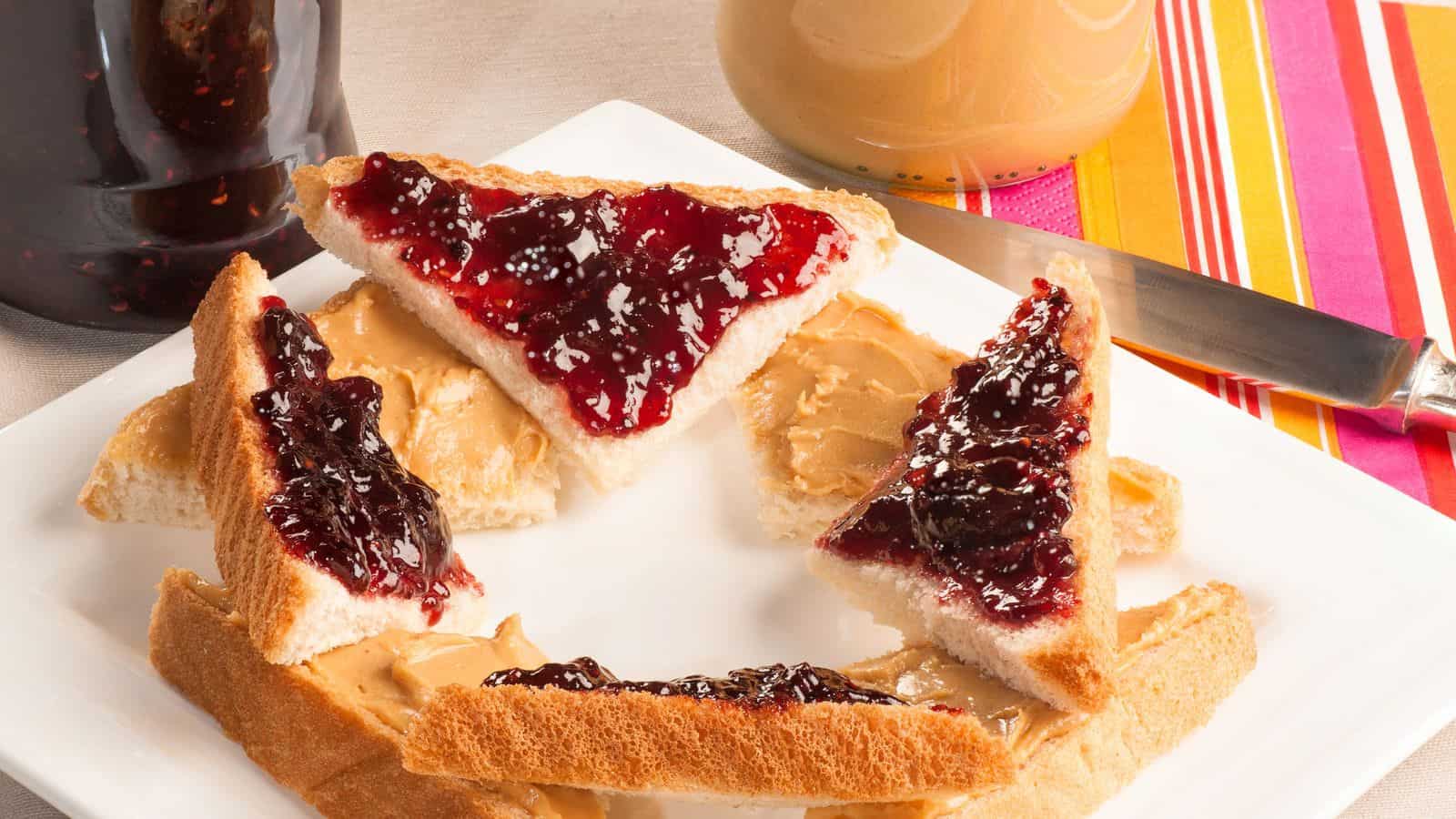 Peanut butter and jelly sandwiches cut into triangular slices