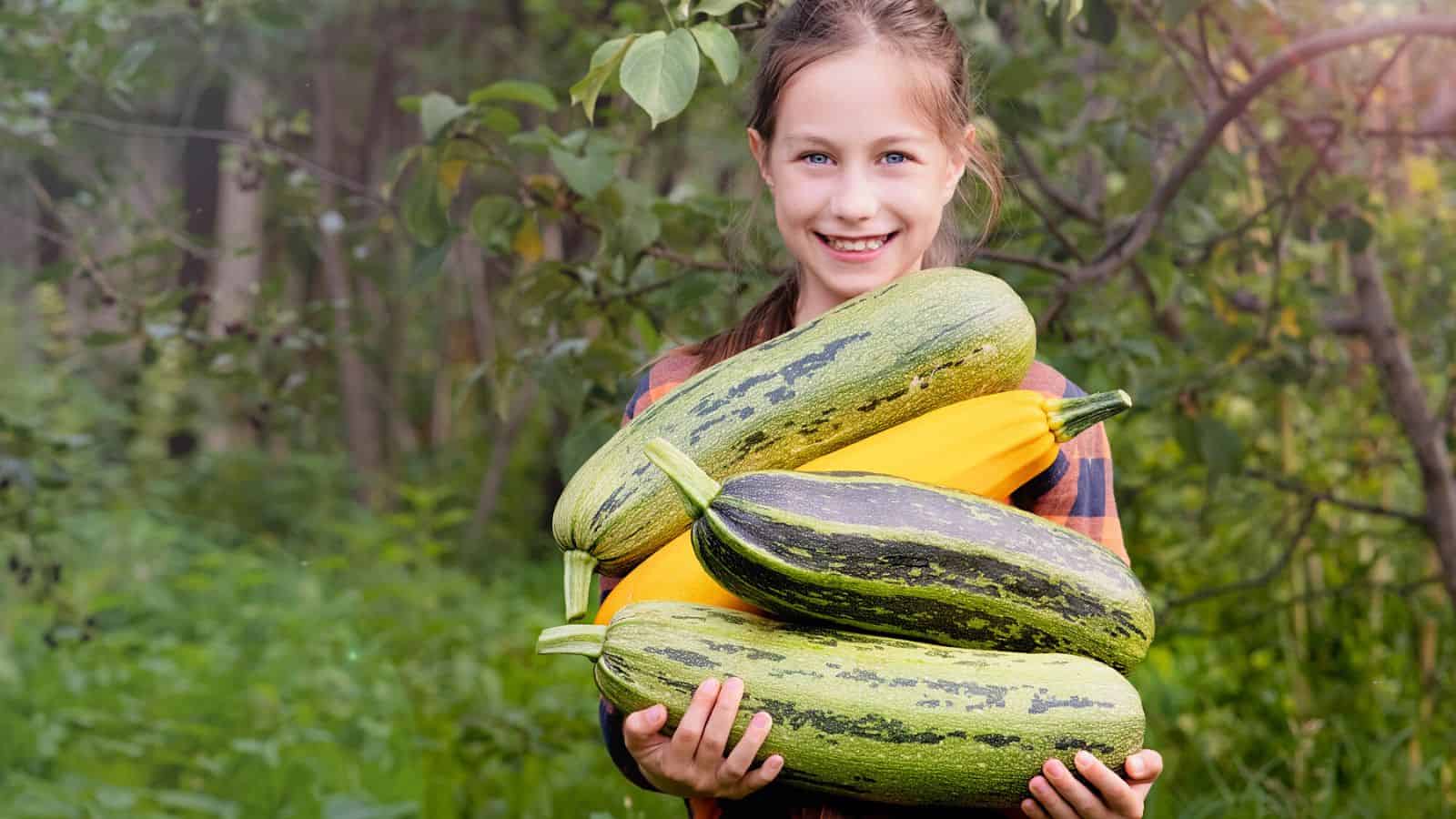 Kid holding a bunch of zucchinis on her hands