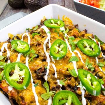 A Taco Casserole dish with black beans, cheese and jalapenos.