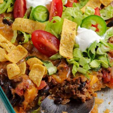 Mexican casserole in a glass dish.