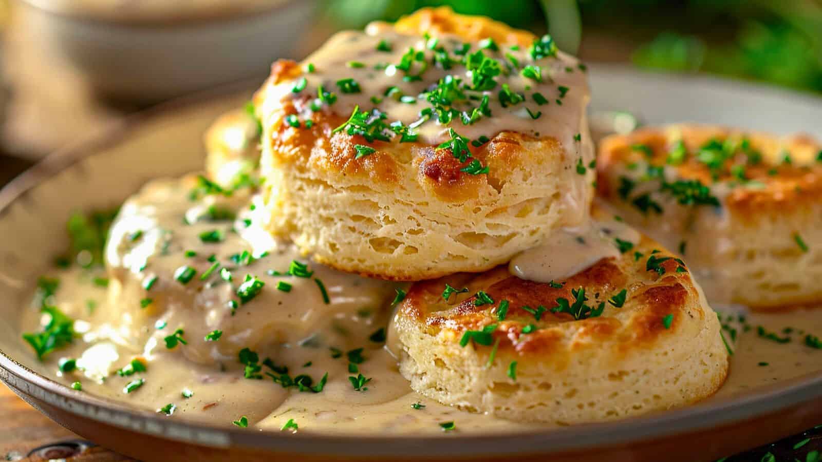 Close-up of biscuits and gravy