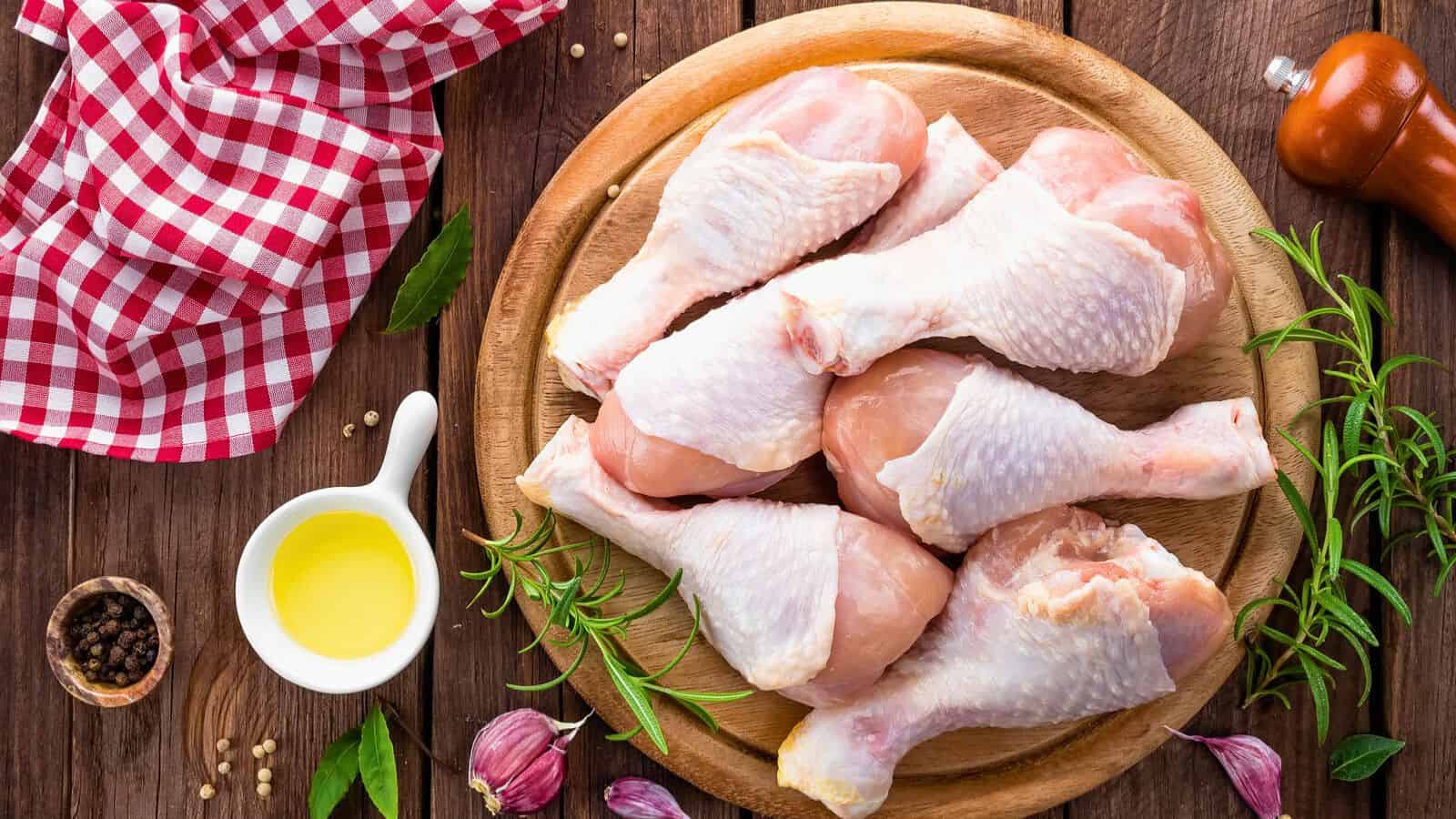 A round wooden board holds several raw chicken drumsticks. The board is surrounded by garlic cloves, rosemary, black pepper, a red-and-white checkered cloth, a small bowl of oil, and a wooden pepper mill on a wooden surface.