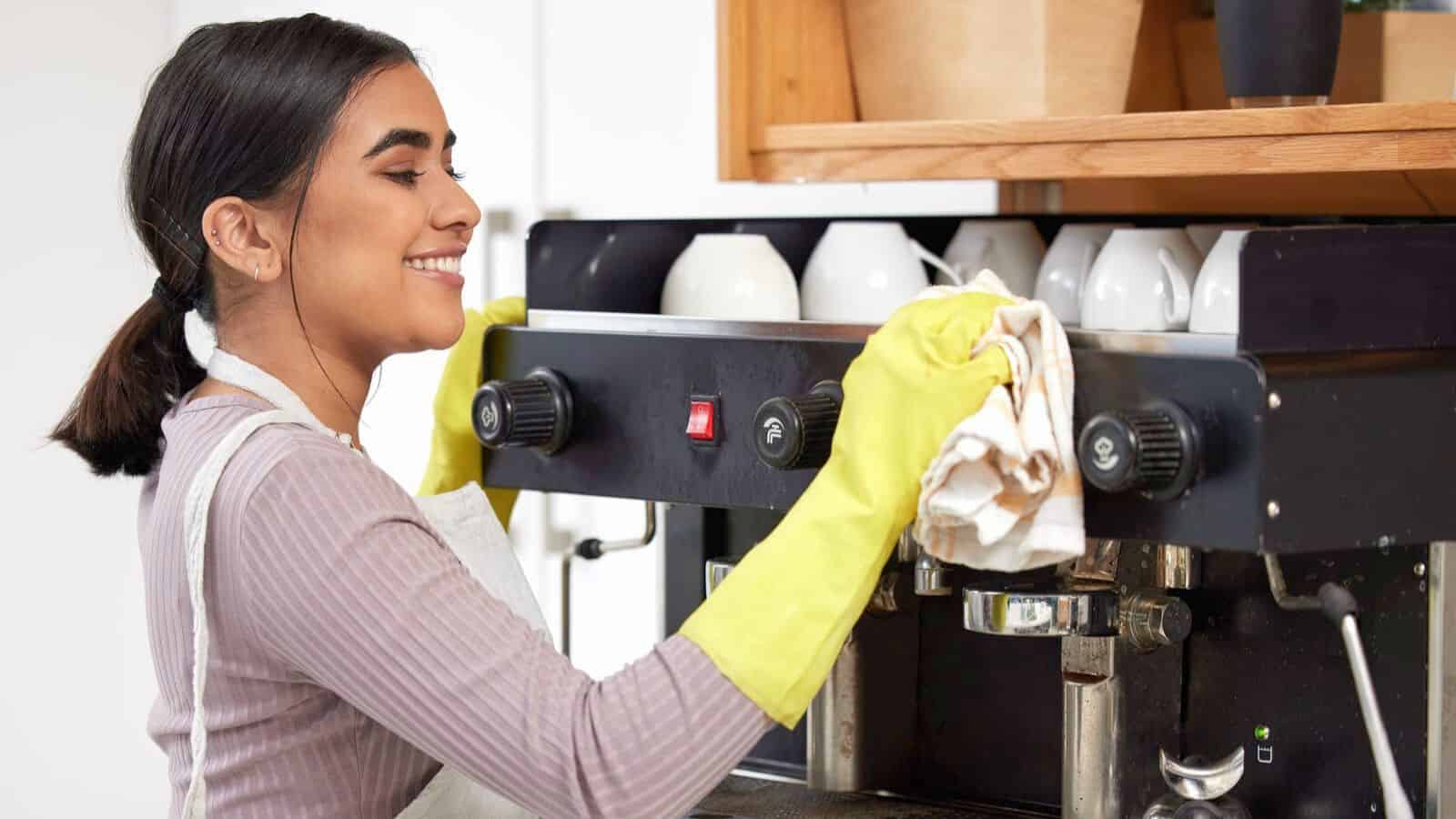 A person wearing a long-sleeve shirt and yellow gloves is smiling while cleaning a coffee machine. There are cups placed on the top shelf of the machine and some wooden shelves are visible in the background.