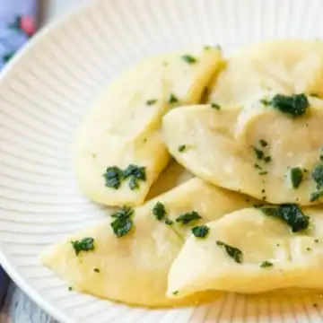 Closeup of ravioli on a white plate.
