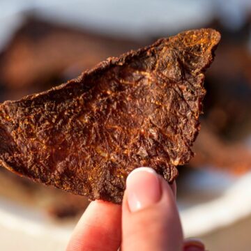 Close-up of a hand holding a piece of beef jerky. The jerky appears dark brown, textured, and slightly translucent, with a plate of more jerky pieces blurred in the background. The image highlights the detail and texture of the beef jerky.