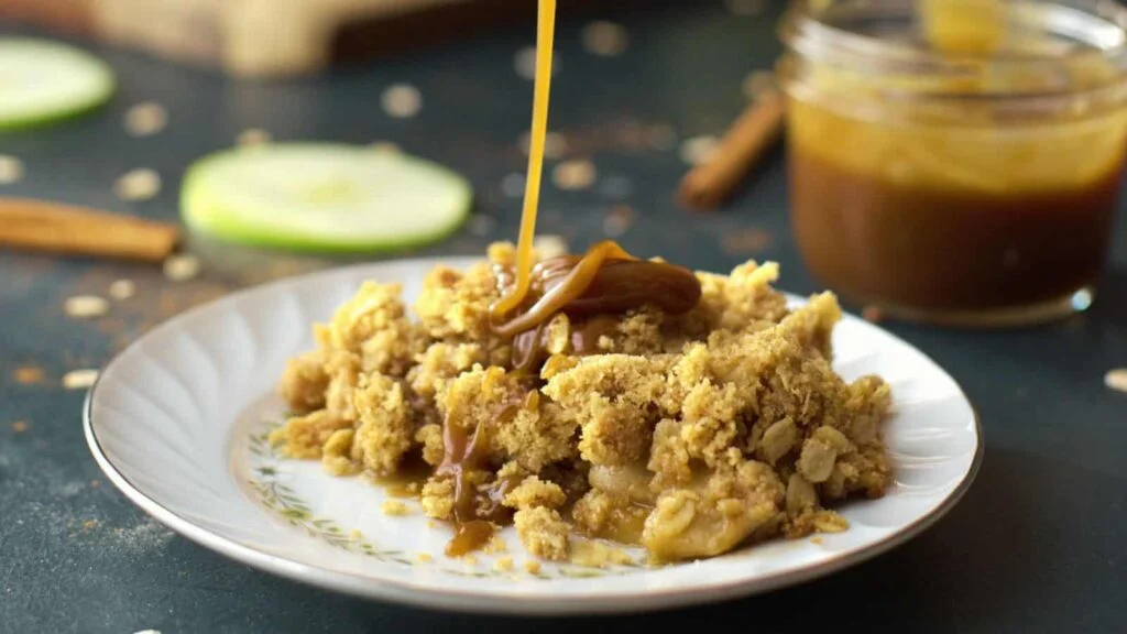 A slice of apple crumble sits on a decorative plate, perfect among Thanksgiving dishes. Caramel sauce is being drizzled over the top, adding just the right touch of sweetness. In the blurred background, a jar of caramel sauce and apple slices await their turn to enhance this delightful treat.