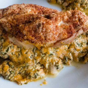 A close-up of a cooked, seasoned chicken breast resting on a bed of creamy spinach and cheese mixture on a white plate. The dish appears rich and moist with a golden-brown crust on the chicken.