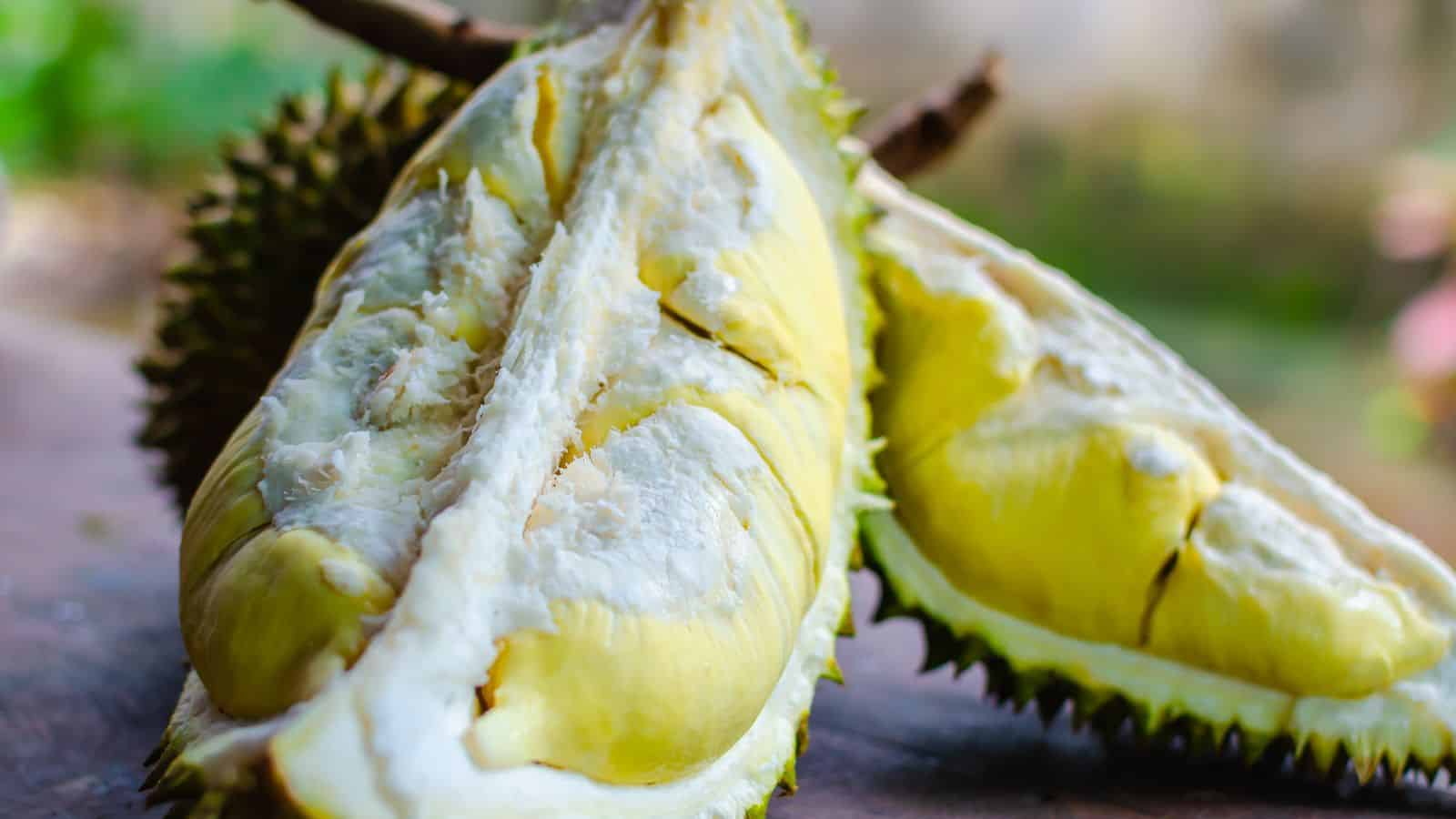 Close-up of a split open durian fruit on a wooden surface, displaying its creamy yellow flesh and spiky green outer shell. The background is blurred, emphasizing the texture and color of the fruit.