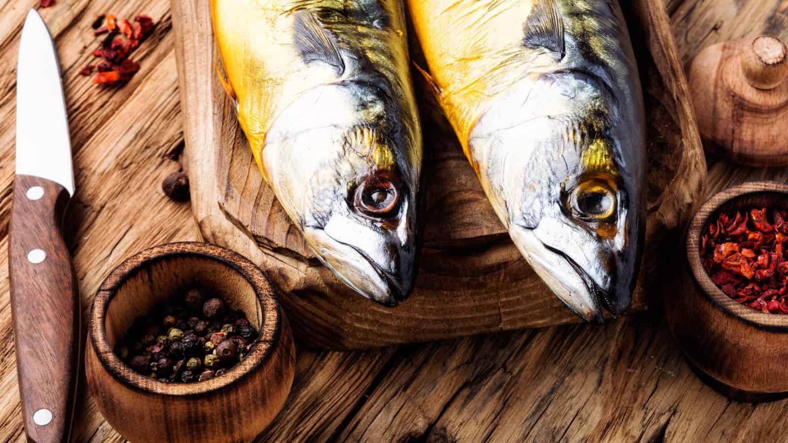 Two whole fish on a wooden cutting board with a knife nearby. Surrounding the board are small bowls containing assorted spices, including whole peppercorns and dried chili flakes. The scene is set on a wooden surface.