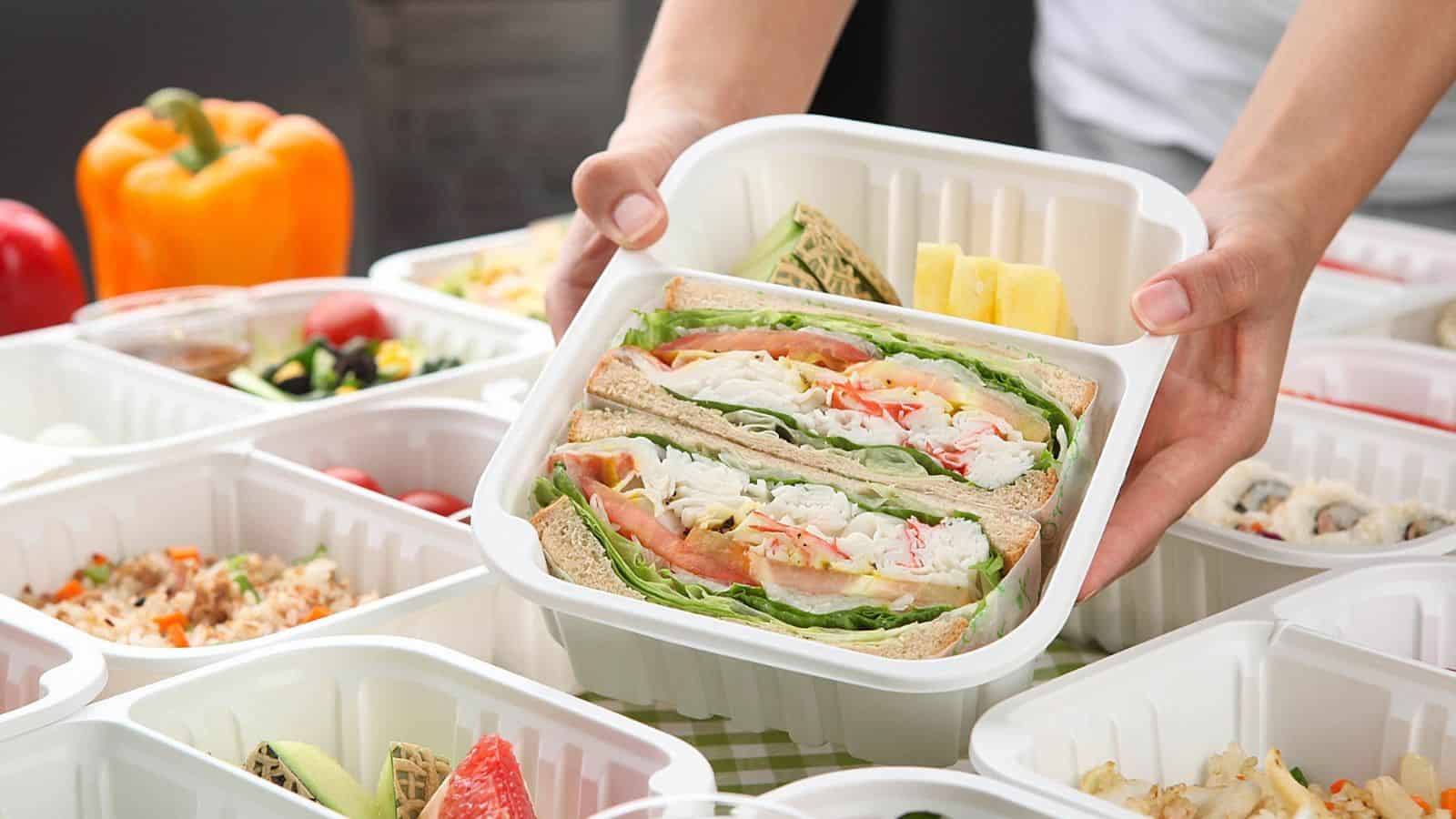 A person holds a plastic container with sandwiches filled with lettuce, tomato, and cabbage. The background shows other food containers, including rice dishes, watermelon slices, and salad. A yellow bell pepper is visible in the corner.