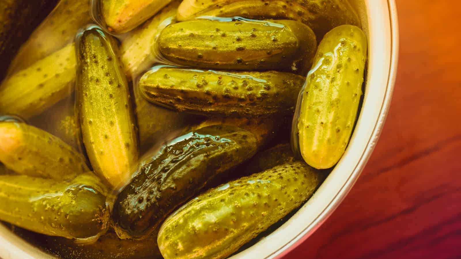 A bowl filled with pickles submerged in brine. The pickles are green with a bumpy texture, floating in a clear liquid. The bowl is set against a warm-toned wooden surface.